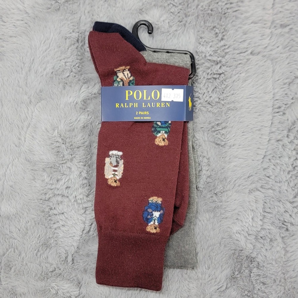 Polo Ralph Lauren Socks Mens 10-13 Burgundy Gray Preppy Bear Crew 2 Pairs